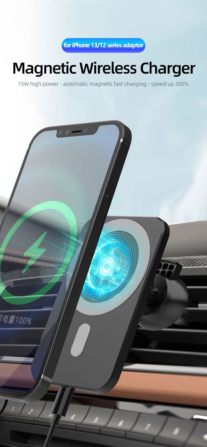 15W Magnetic Wireless Car Charger AirVent Mount For iPhone 13 12 Pro Max Mini Fast Charging Wireless Chargers Car Phone Holder